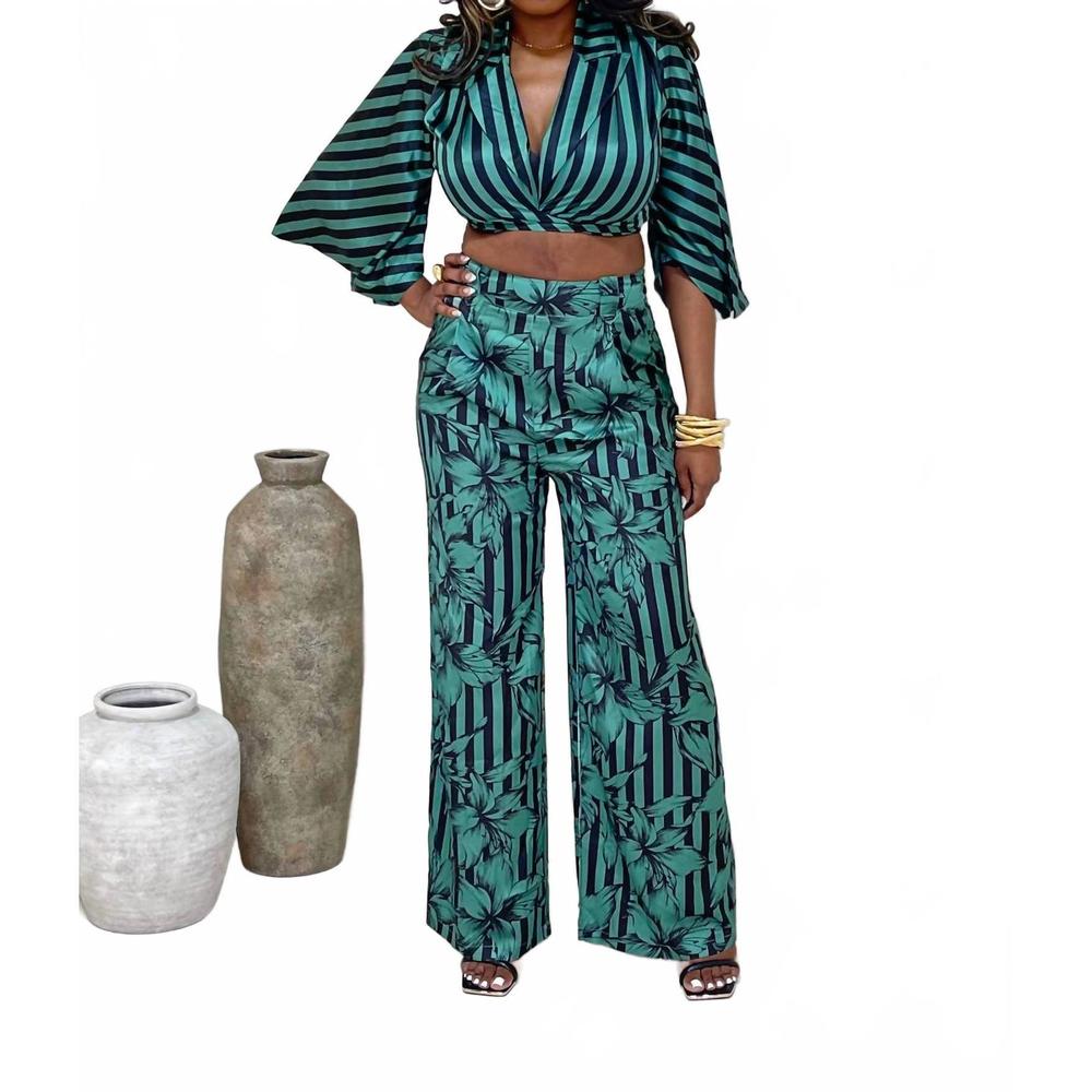 NEW BALBOA lovely one satin striped pant set in black/green